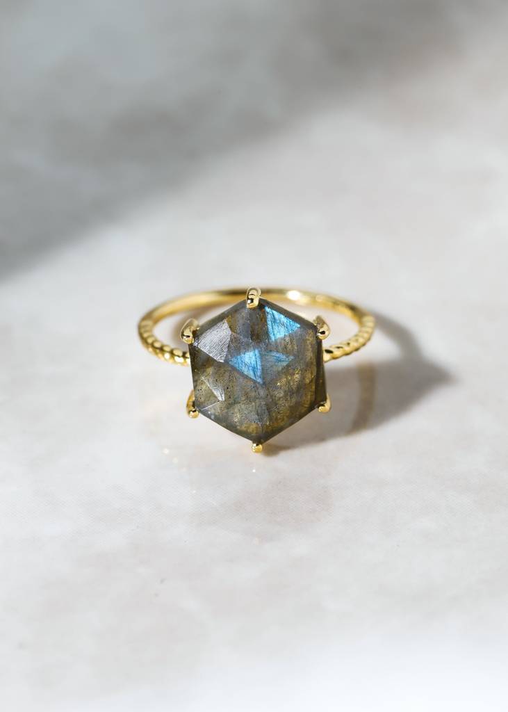 Amplifier Of Inner Strength -18K Gold Plated Over Silver Labradorite Hexagonal Ring : AR41057