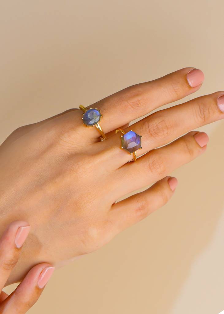 Amplifier Of Inner Strength -18K Gold Plated Over Silver Labradorite Hexagonal Ring : AR41057