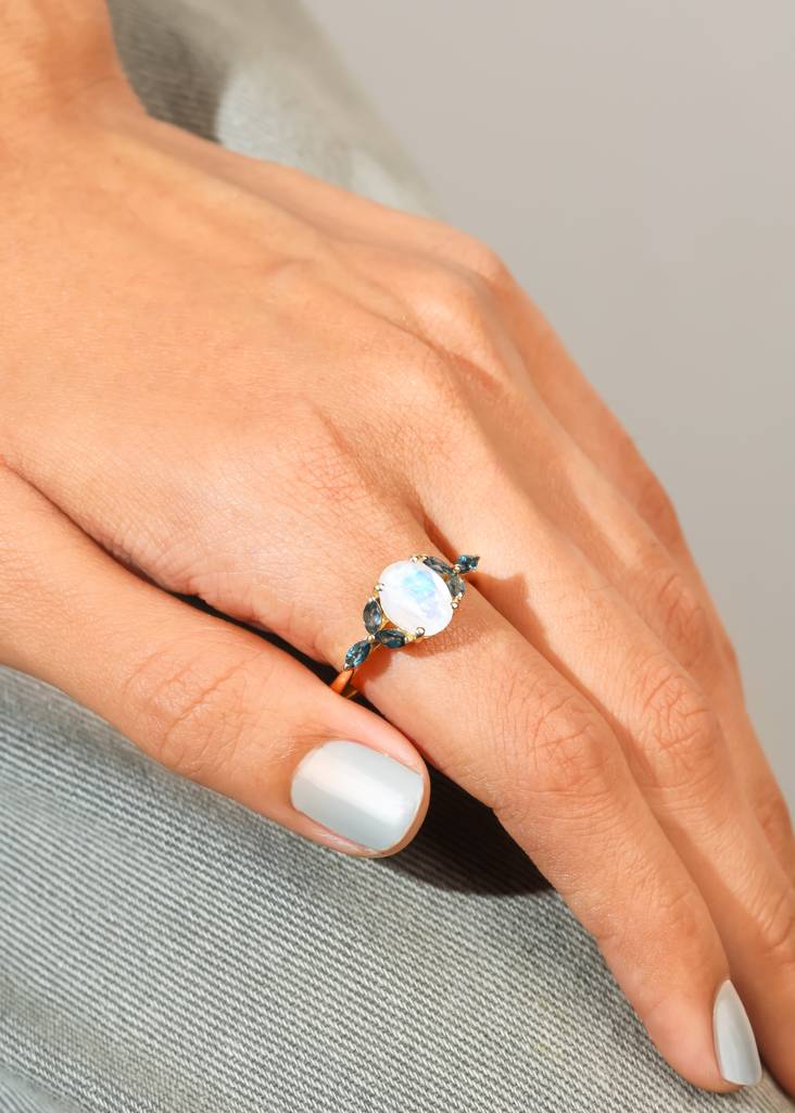 Emotional Healing - 18K Gold Plated Over Silver Moonstone & London Blue Topaz Ring : AR41070
