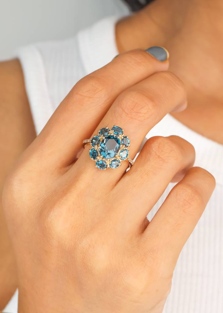 Confidence Booster -18K Gold Plated Over Silver London Blue Topaz Flower Ring : AR41072