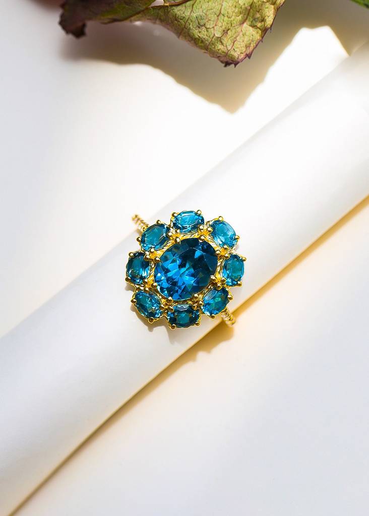 Confidence Booster -18K Gold Plated Over Silver London Blue Topaz Flower Ring : AR41072