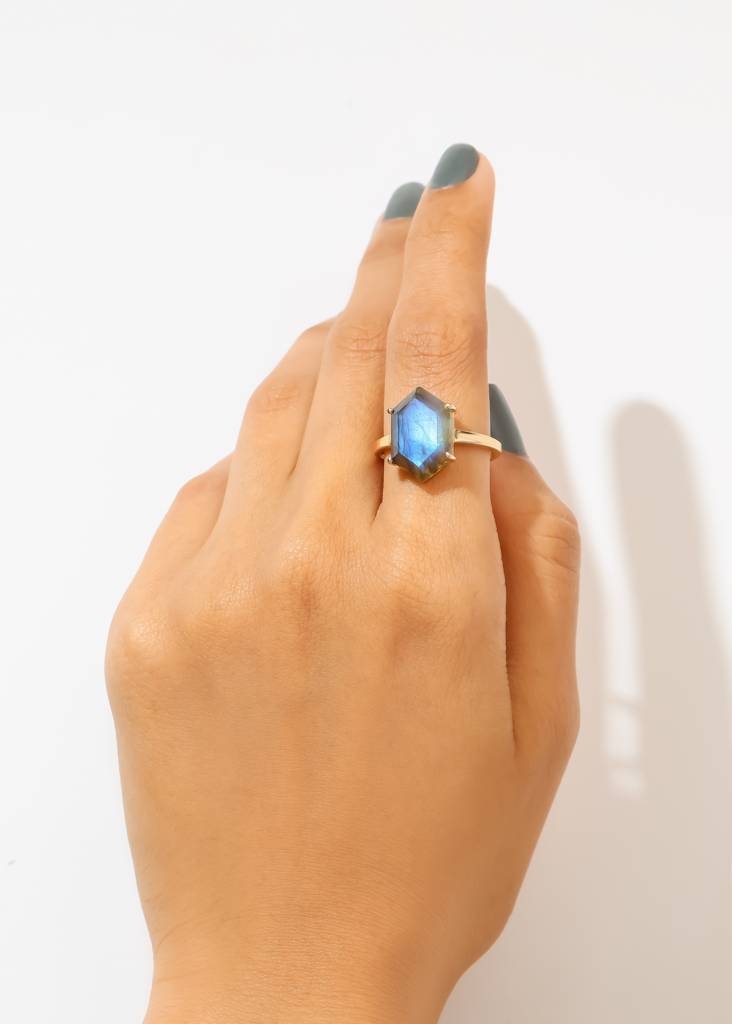 Protector Of Negative Energy - Labradorite Hexagonal Ring : AR41090