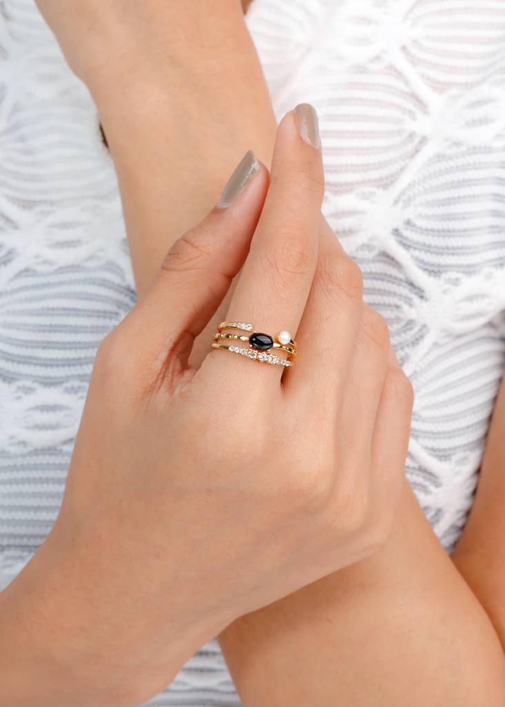 Grounding & Spiritual Light – Black Onyx & White Topaz Stacking Ring Set : AR42355