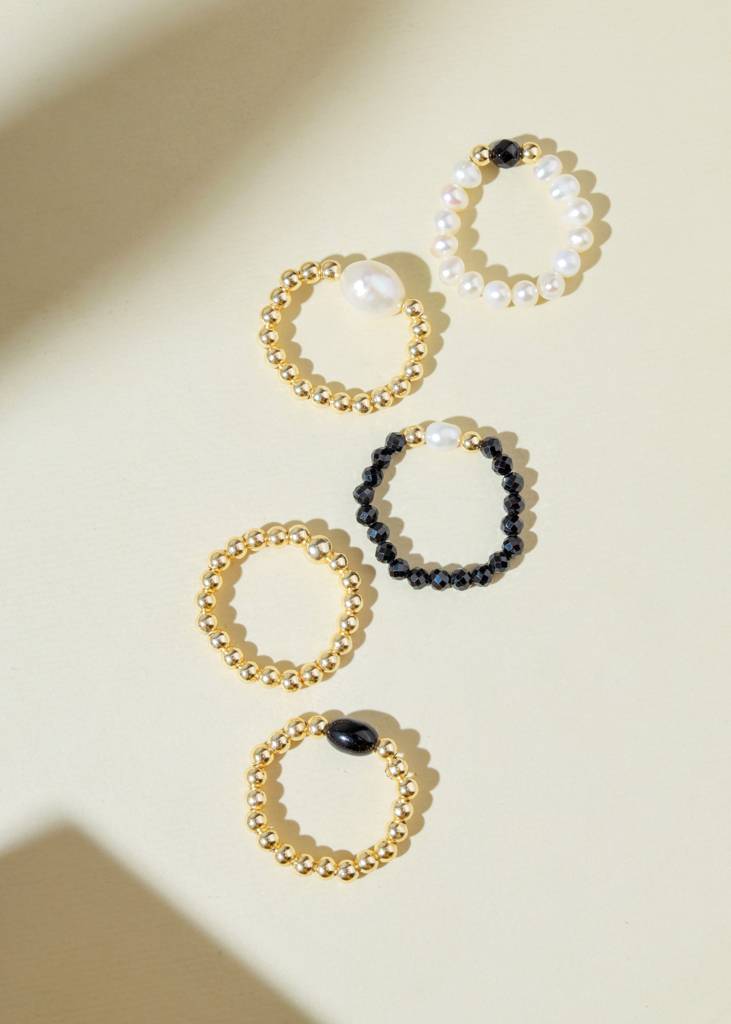 Resilience & Balance -Strength- Pearl, Black Spinel & Onyx Beaded Stack Rings : AR42356