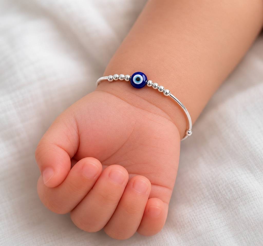 Baby Evil Eye Silver Beads Adjustable Bangles For Baby : ARSBB119