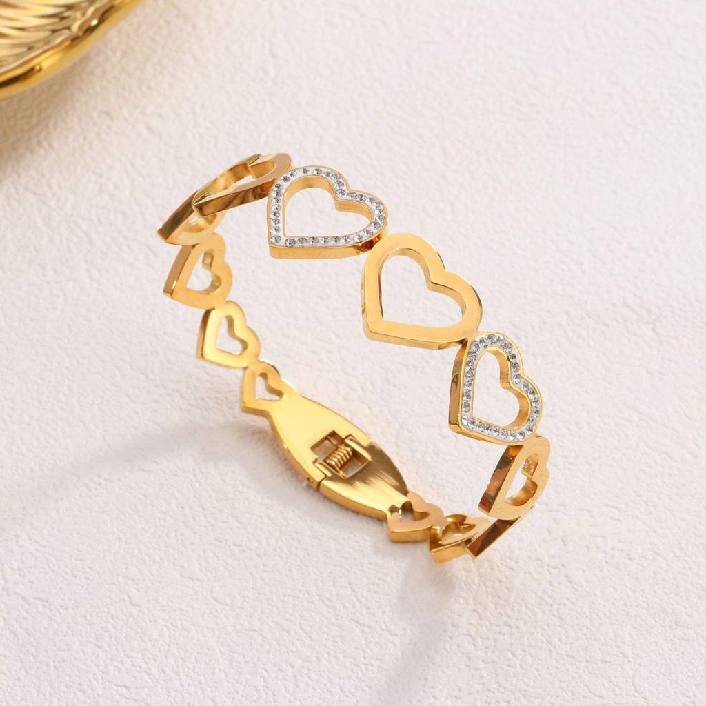 Gold-Plated Heart Link Bracelet For Women | Crystal Accent Adjustable Bracelet : AST-BRA-0035