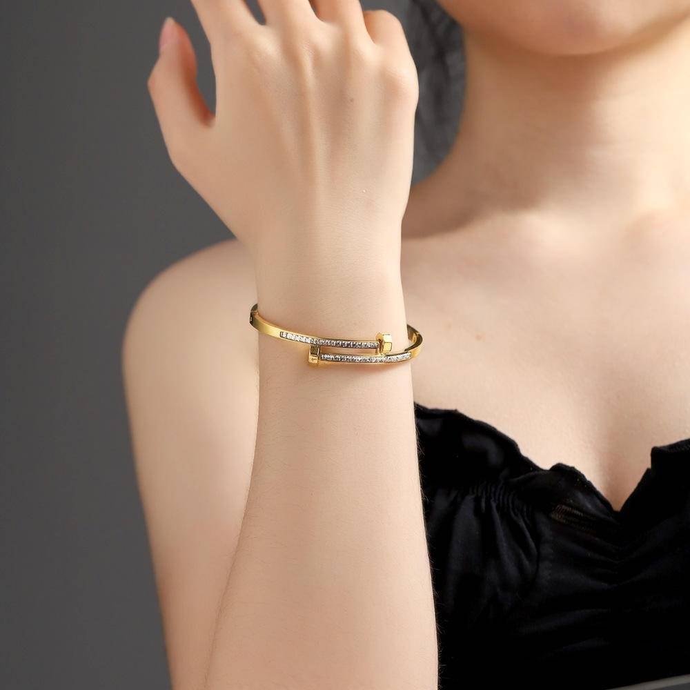 Crystal Nail Gold-Plated Bangle Bracelet For Women : AST-BRA-0045