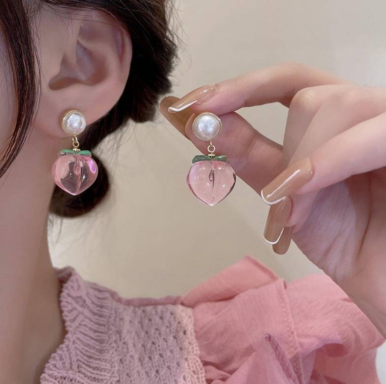 Pearl Drop Earrings For Women | Pink Fruit Charm Dangle Earrings : AST-EAR-0126