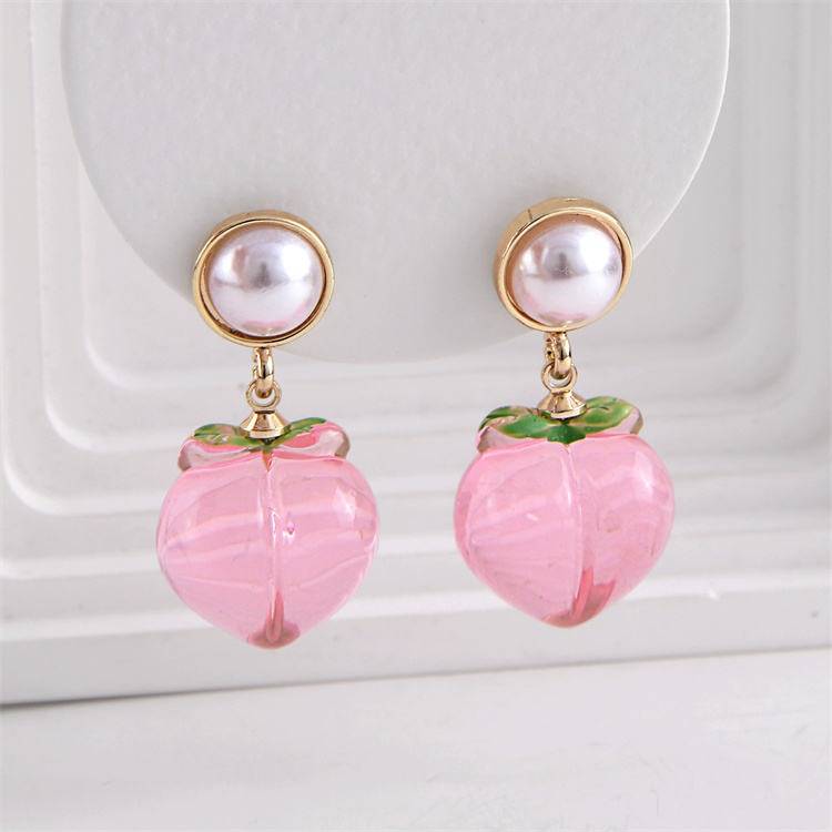 Pearl Drop Earrings For Women | Pink Fruit Charm Dangle Earrings : AST-EAR-0126