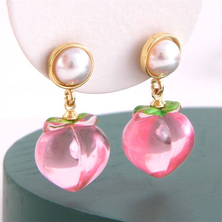 Pearl Drop Earrings For Women | Pink Fruit Charm Dangle Earrings : AST-EAR-0126