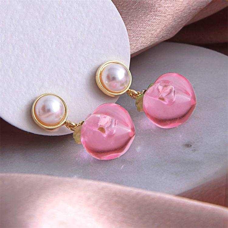 Pearl Drop Earrings For Women | Pink Fruit Charm Dangle Earrings : AST-EAR-0126