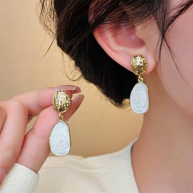 Gold Tone Textured Drop Earrings For Women | White Stone Elegant Earrings : AST-EAR-0130