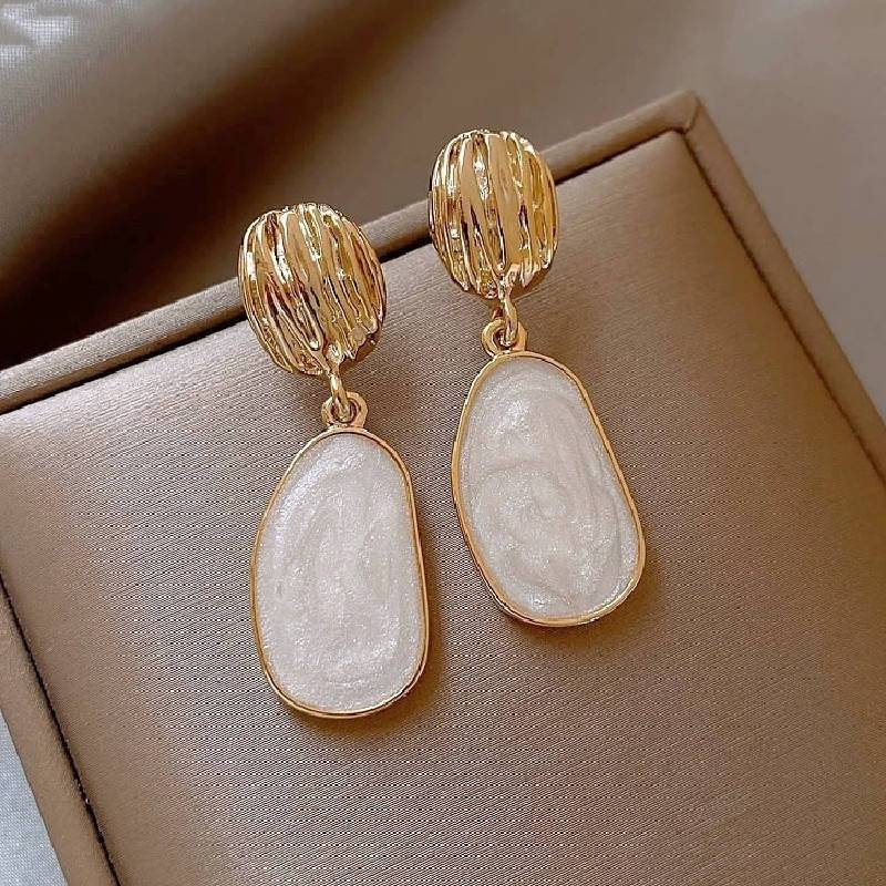 Gold Tone Textured Drop Earrings For Women | White Stone Elegant Earrings : AST-EAR-0130