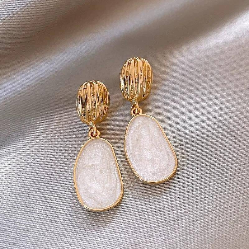 Gold Tone Textured Drop Earrings For Women | White Stone Elegant Earrings : AST-EAR-0130