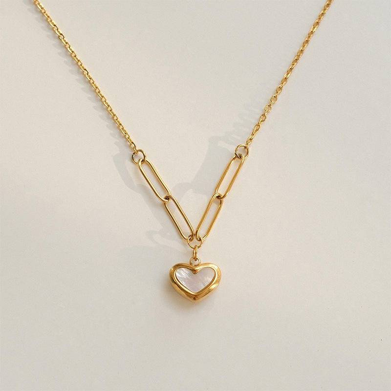 Gold-Plated Heart Pendant Necklace For Women | Paperclip Chain Necklace With Shell Heart Charm : AST-NEK-0044