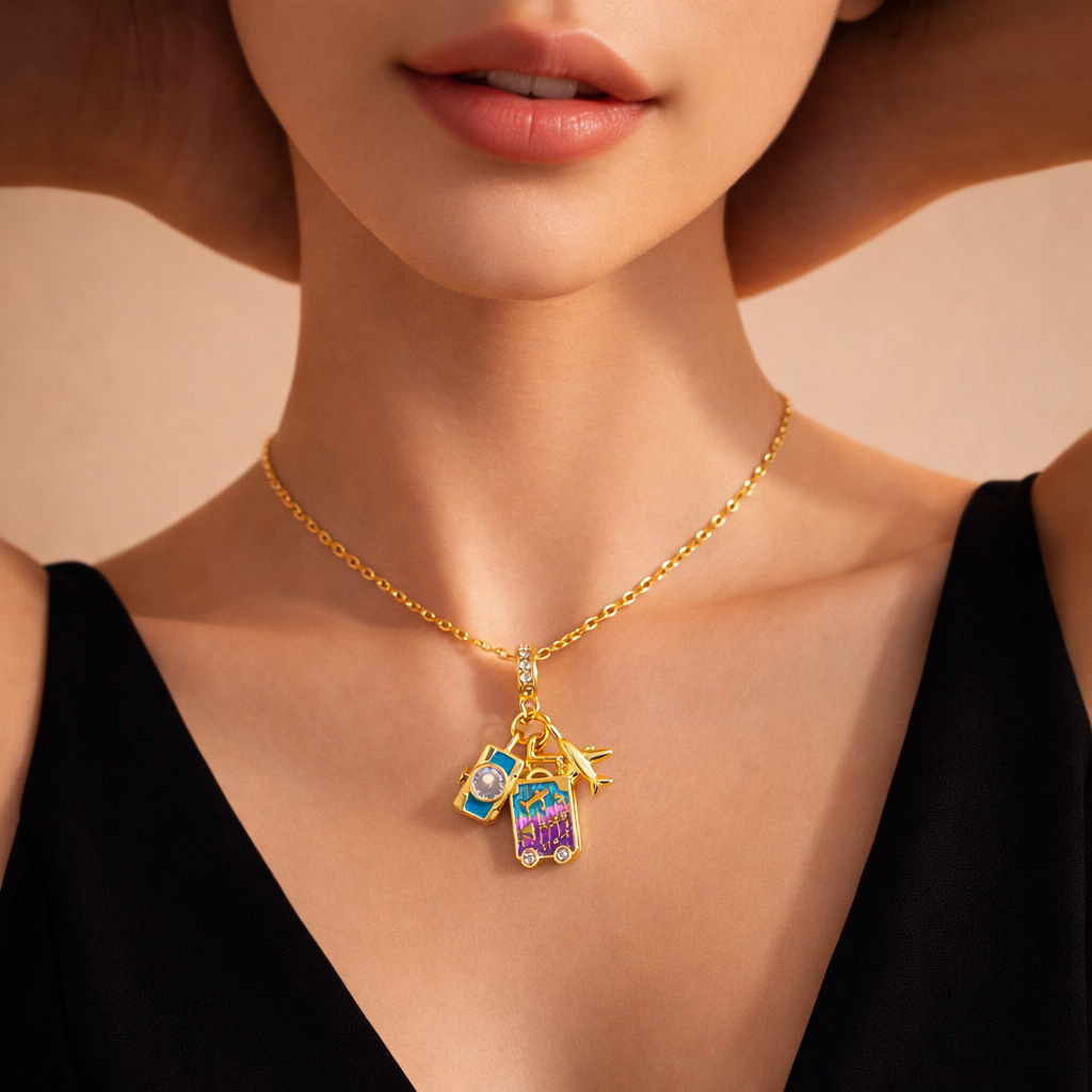 Gold Plated Travel Charm Pendant Necklace For Women | Camera, Airplane & Suitcase Design : AST-NEK-0055
