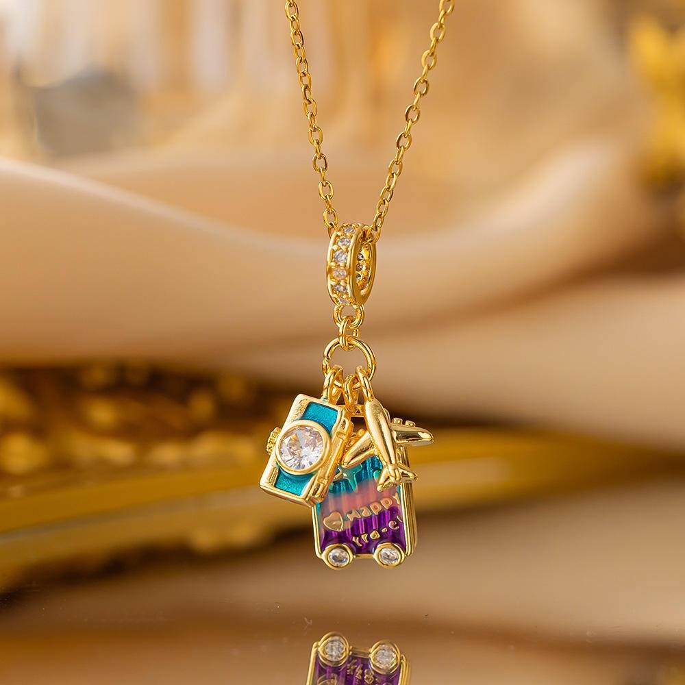 Gold Plated Travel Charm Pendant Necklace For Women | Camera, Airplane & Suitcase Design : AST-NEK-0055