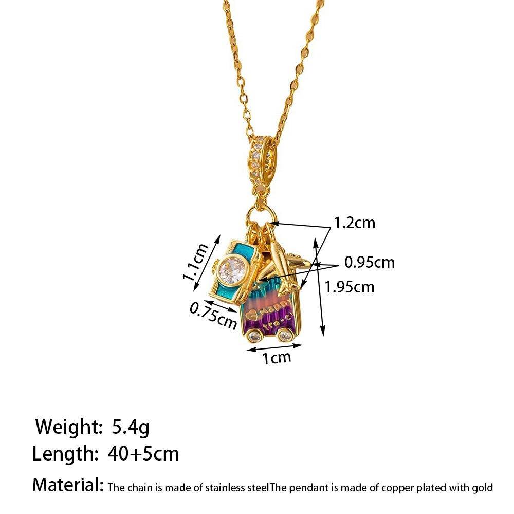 Gold Plated Travel Charm Pendant Necklace For Women | Camera, Airplane & Suitcase Design : AST-NEK-0055