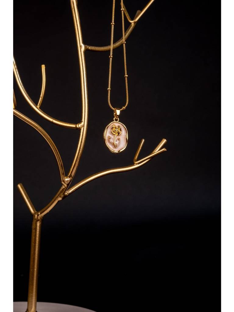 Gold Plated Oval Floral Pendant Necklace For Women – Elegant Pearl Finish Medallion Necklace : AST-NEK-0058