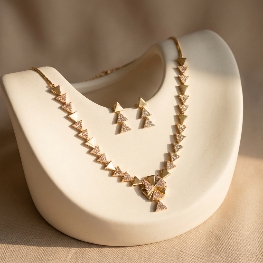 Gold Plated Geometric Triangle Cz Statement Necklace & Earrings Set : AV-BNEC-CZ-GMT-575