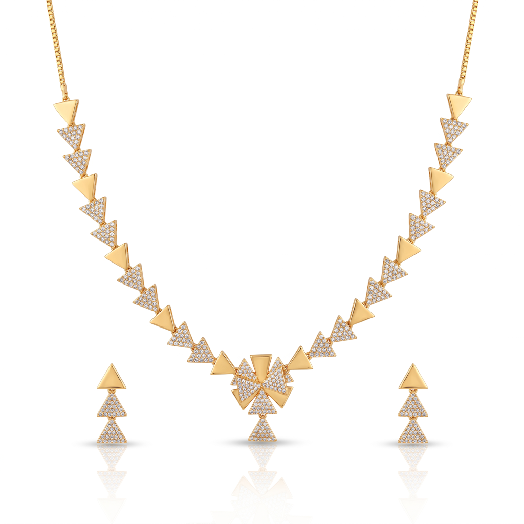 Gold Plated Geometric Triangle Cz Statement Necklace & Earrings Set : AV-BNEC-CZ-GMT-575