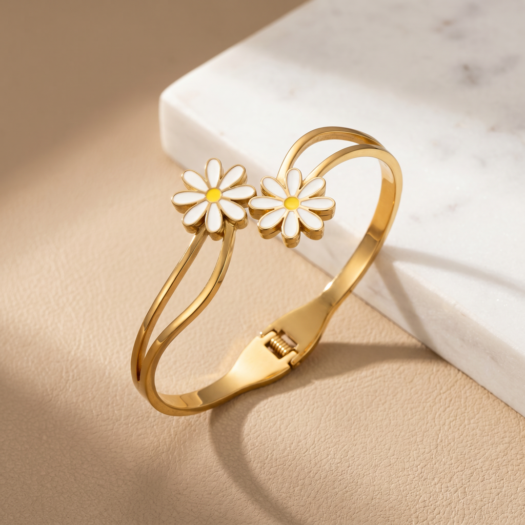 AVELUNE Gold-Tone Double Daisy Floral Cuff Bracelet · Eternz