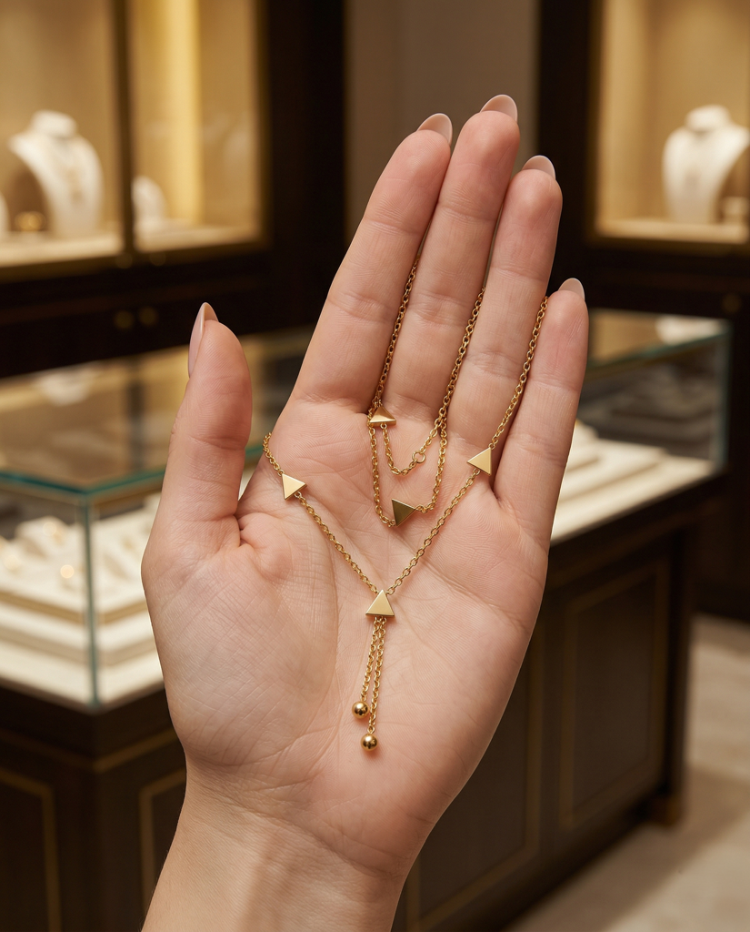 Geometric Triangle Charm Lariat Necklace – Gold Tone Minimalist Drop Chain : AV-NEC-LAR-DRP-0156