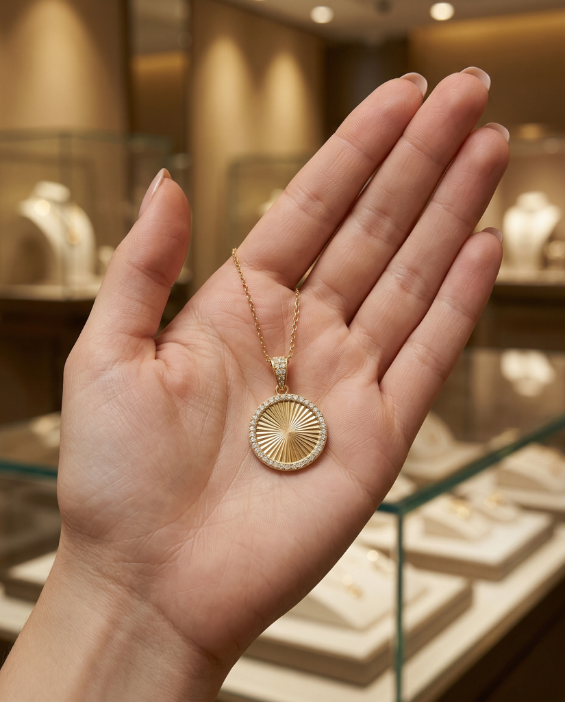 Radiant Sunburst Pendant Necklace – Gold Vermeil With Crystal Halo : AV-NEC-SUN-HALO-0153