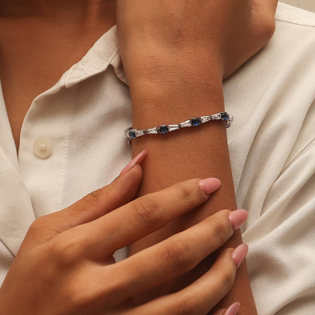 Elegant Sapphire And Diamond Silver Tennis Bracelet : B009-75