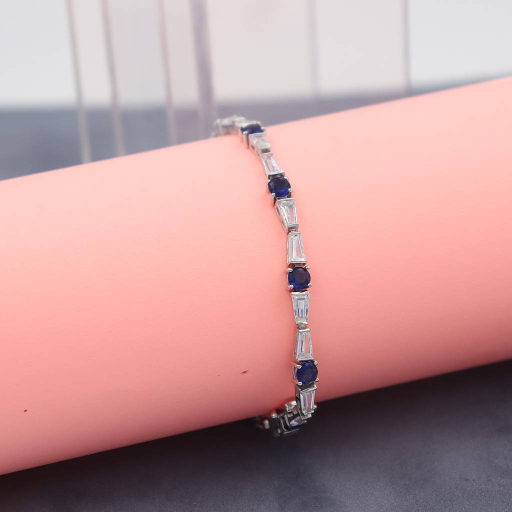 Elegant Sapphire And Diamond Silver Tennis Bracelet : B009-75