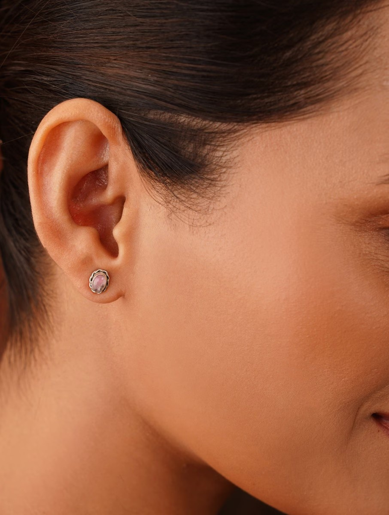925 Sterling Silver Oval Shape Pink Stone Stud Earrings : ARSSE720