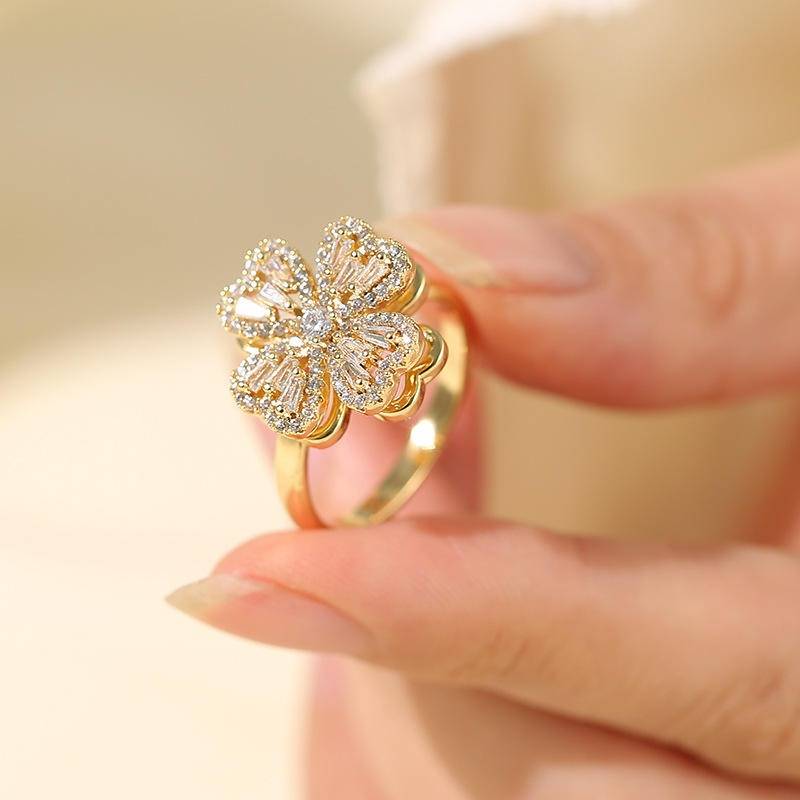 Gold-Plated Floral Blossom Ring With Sparkling Pink & Clear Cz Stones – Adjustable Statement Fashion Jewelry Fo : B5-JUK4-55MM