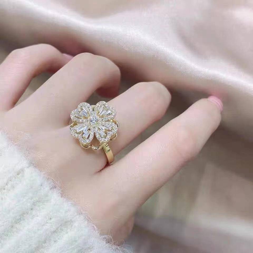 Gold-Plated Floral Blossom Ring With Sparkling Pink & Clear Cz Stones – Adjustable Statement Fashion Jewelry Fo : B5-JUK4-55MM