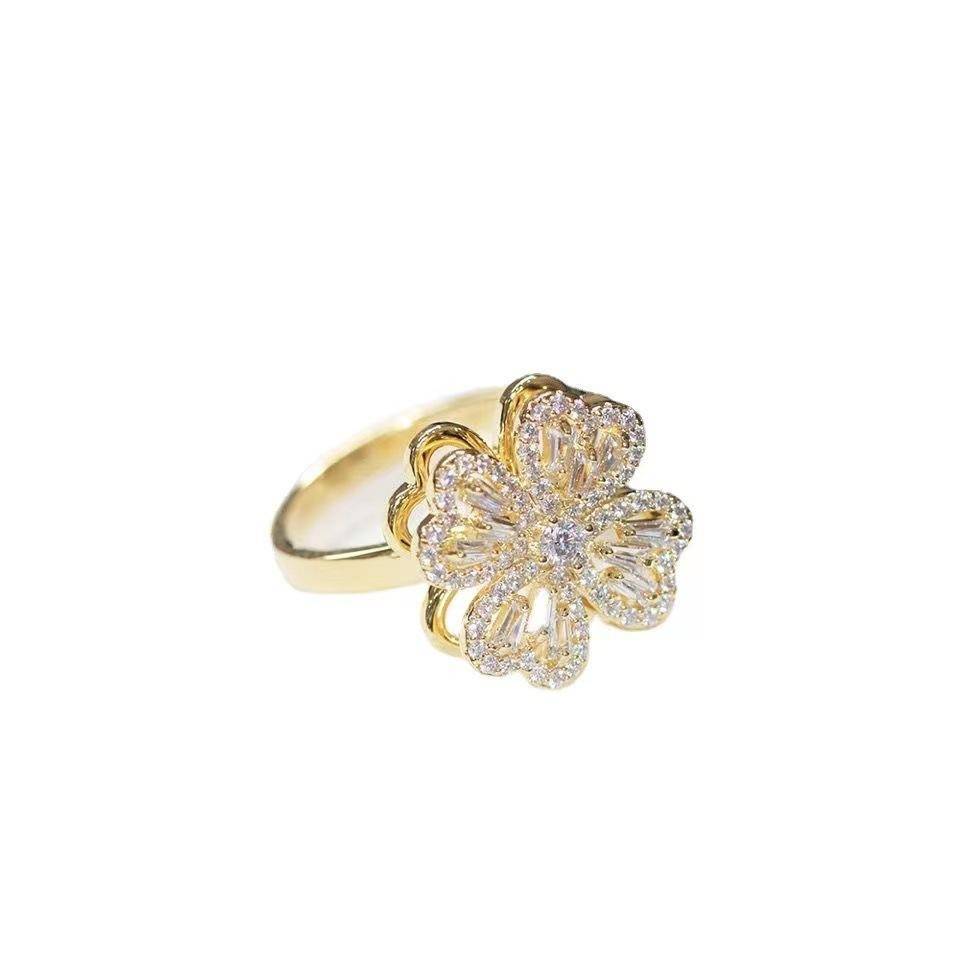 Gold-Plated Floral Blossom Ring With Sparkling Pink & Clear Cz Stones – Adjustable Statement Fashion Jewelry Fo : B5-JUK4-55MM