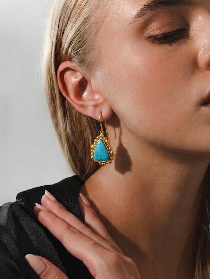 Gold Plated Natural Turquoise Pebble Drop Earrings : AWE-411