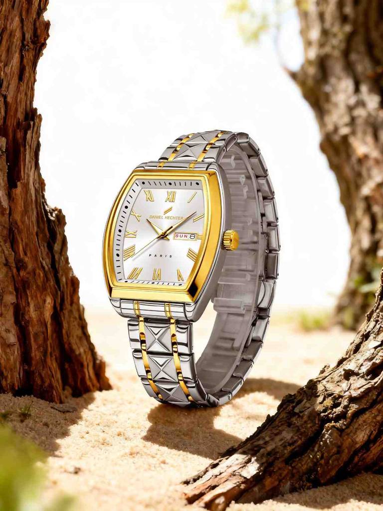 Daniel Hechter Duroc Collection Luxury Watch For Men With Roman Indices, Day-Date Display And Two-Tone Studded St : DHM1025-22