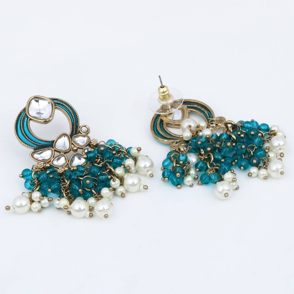 Gold-Plated Meenakari Stud Earrings With Kundan & Pearl Cluster Drops : S24FAER408TEA