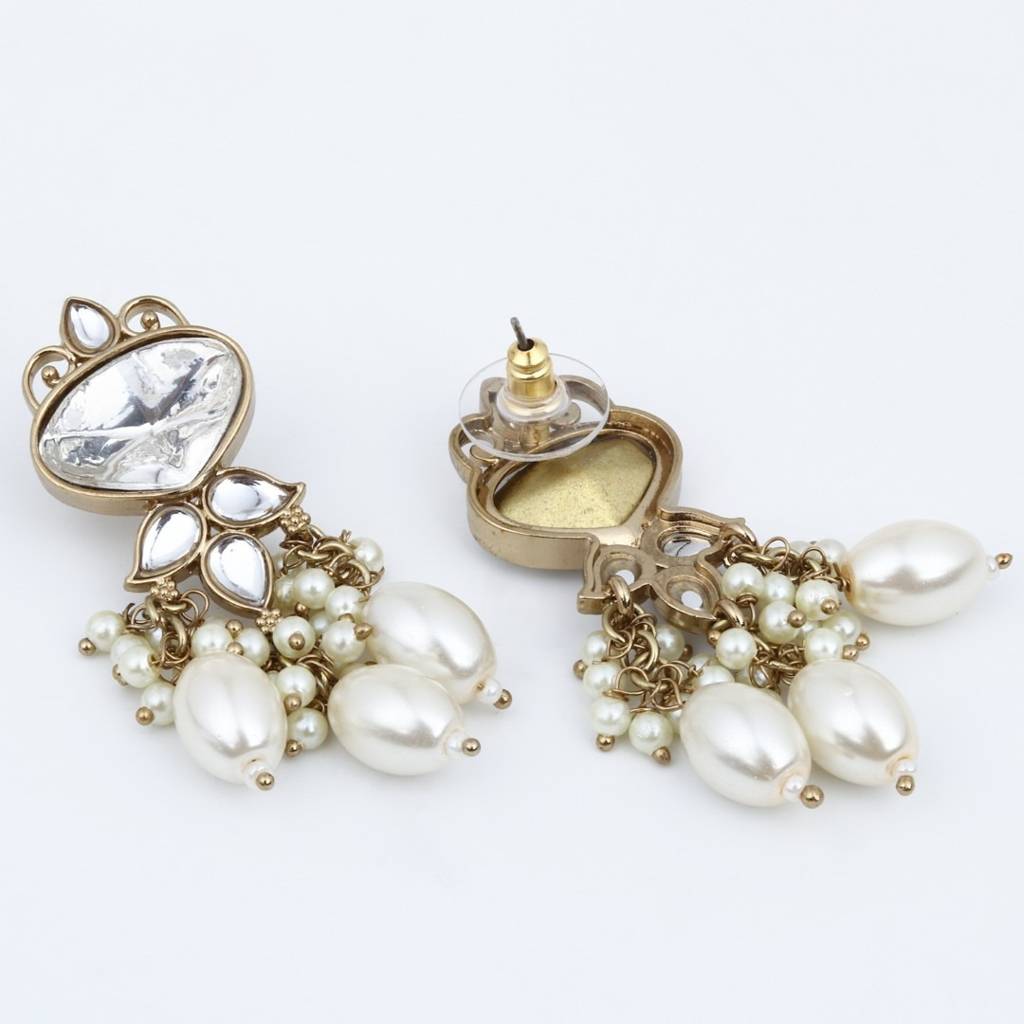 Gold Plated Kundan & Pearl Drop Earrings : S24FAER410WHT
