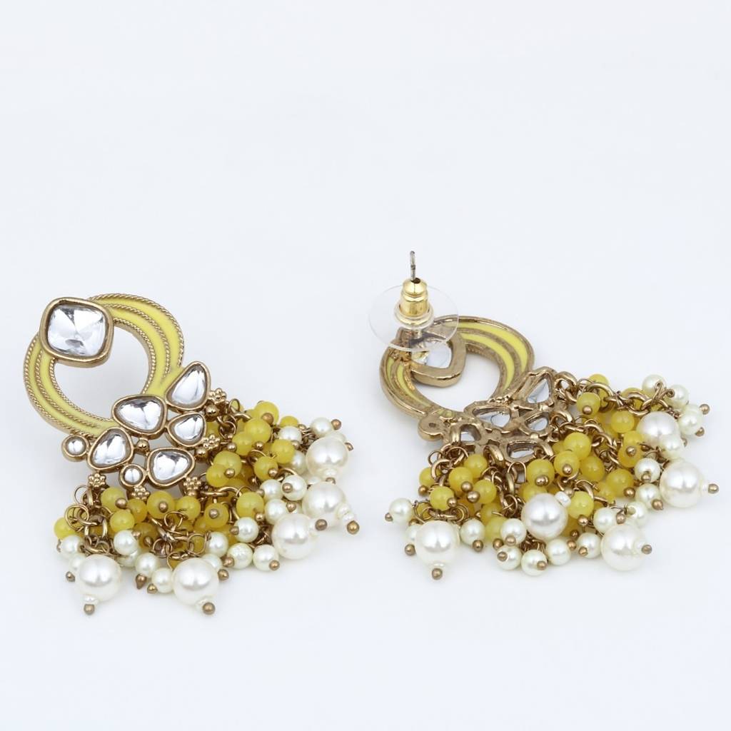 Gold-Plated Meenakari Stud Earrings With Kundan & Pearl Cluster Drops : S24FAER408YLW
