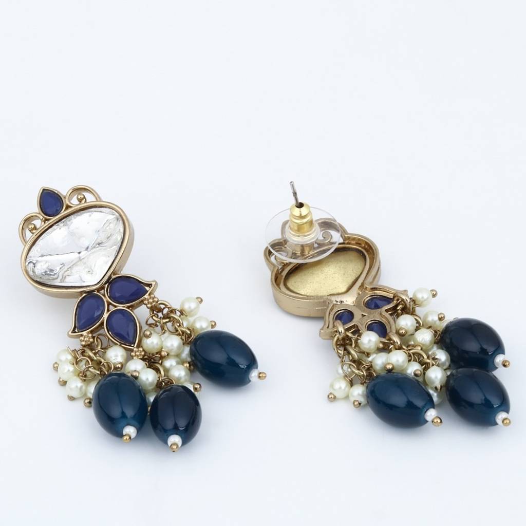 Gold Plated Kundan & Pearl Drop Earrings : S24FAER410BLU