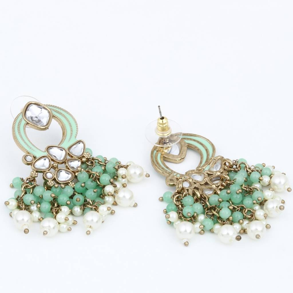 Gold-Plated Meenakari Stud Earrings With Kundan & Pearl Cluster Drops : S24FAER408SGR