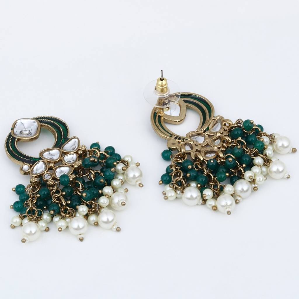 Gold-Plated Meenakari Stud Earrings With Kundan & Pearl Cluster Drops : S24FAER408GRN