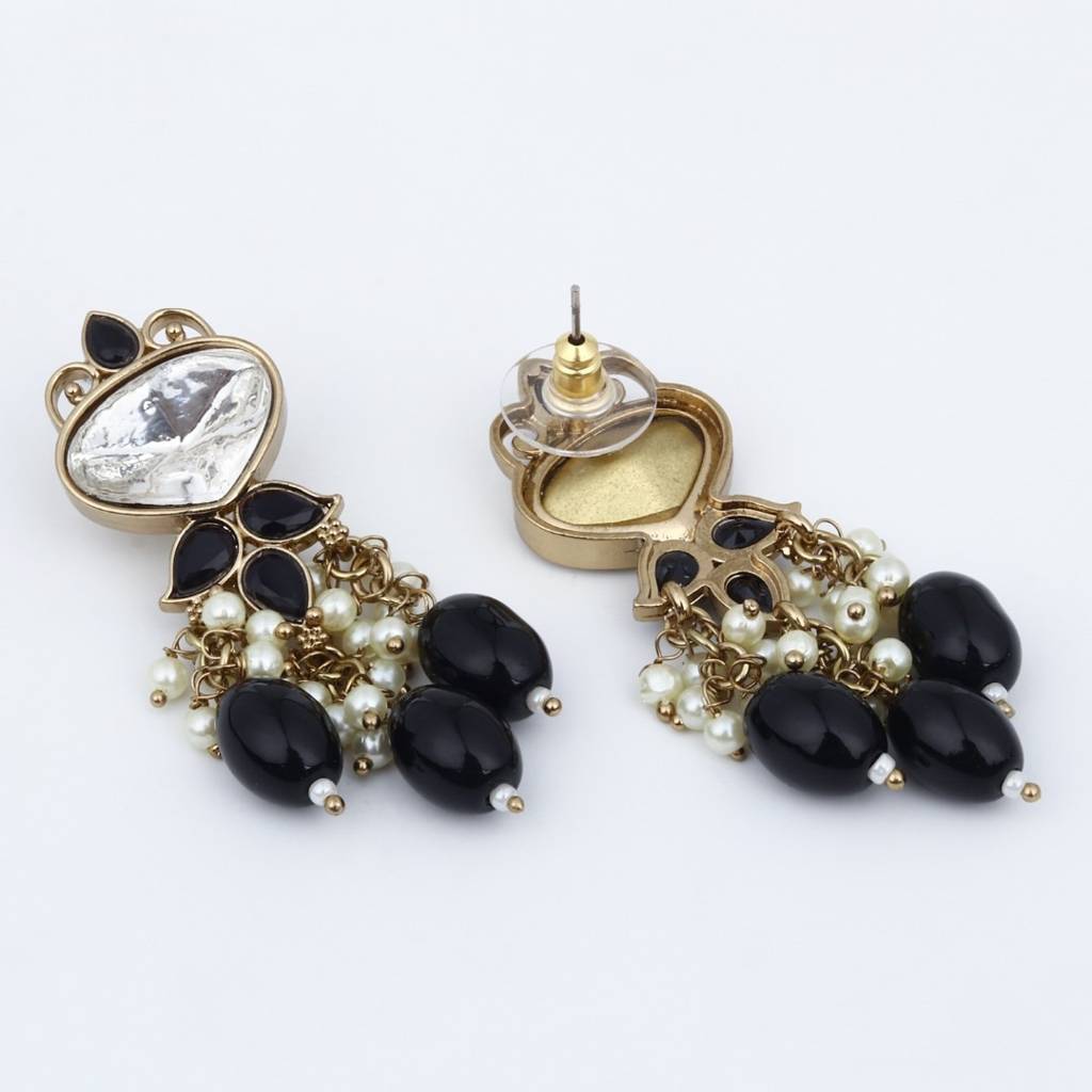 Gold Plated Kundan & Pearl Drop Earrings : S24FAER410BLK
