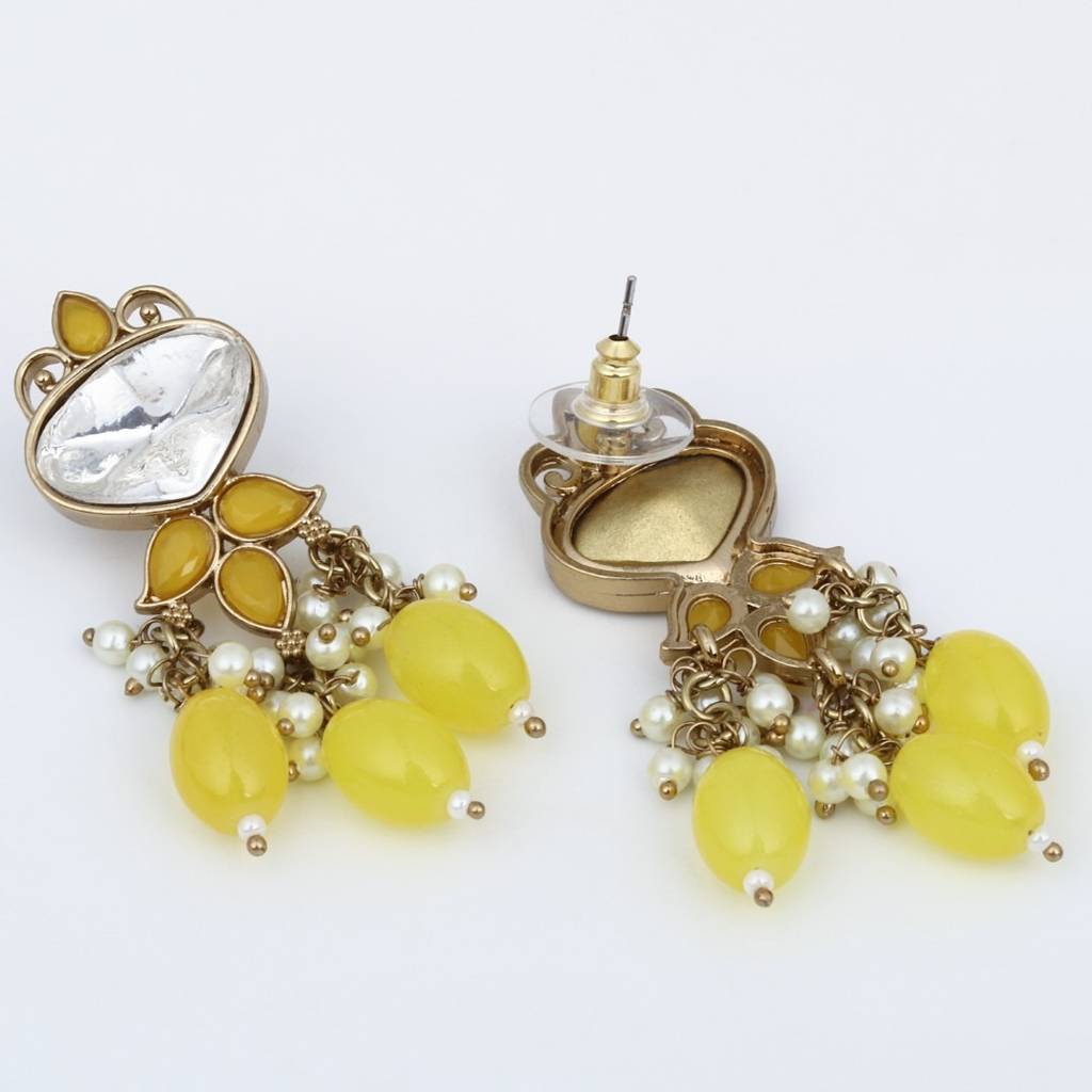 Gold Plated Kundan & Pearl Drop Earrings : S24FAER410YLW