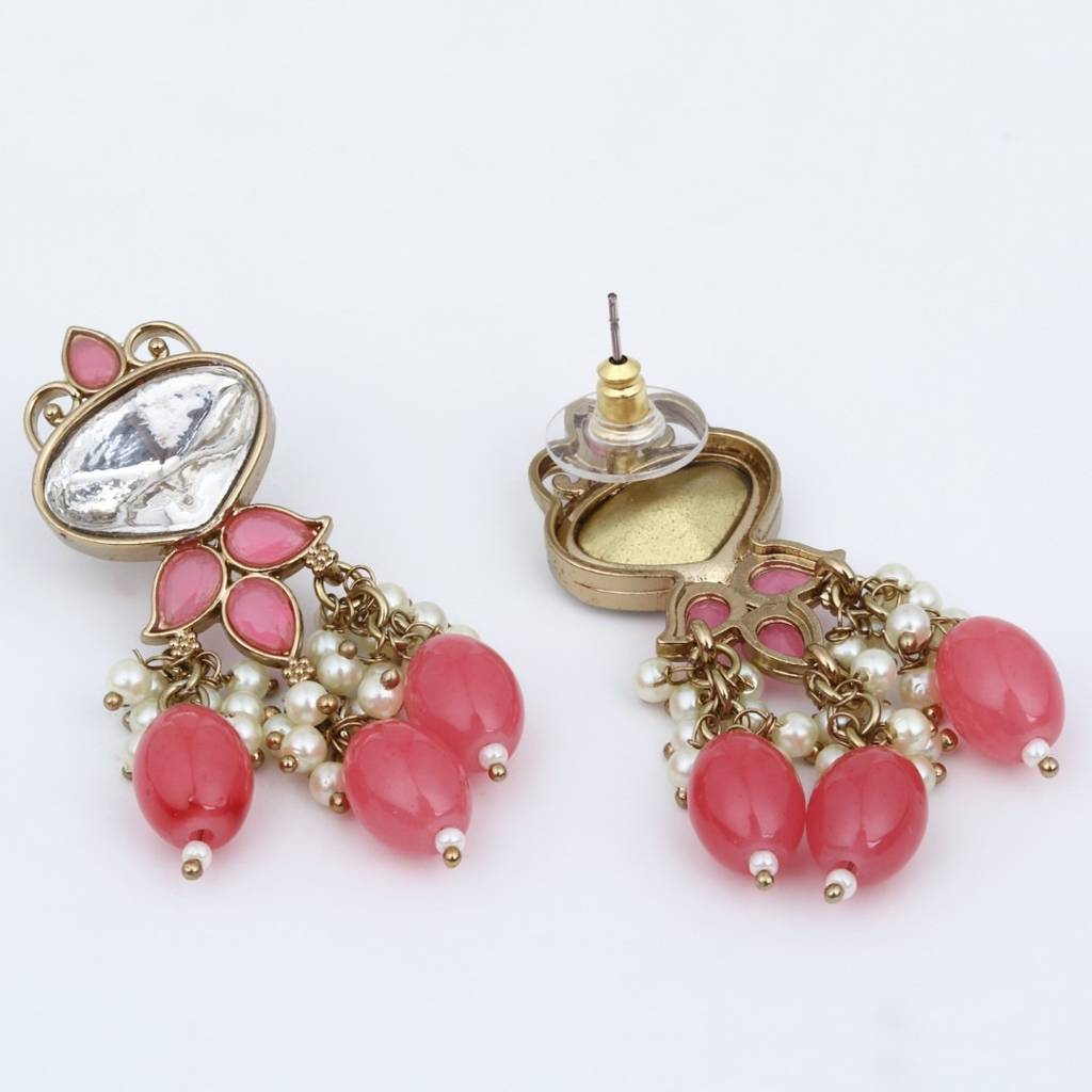 Gold Plated Kundan & Pearl Drop Earrings : S24FAER410PNK
