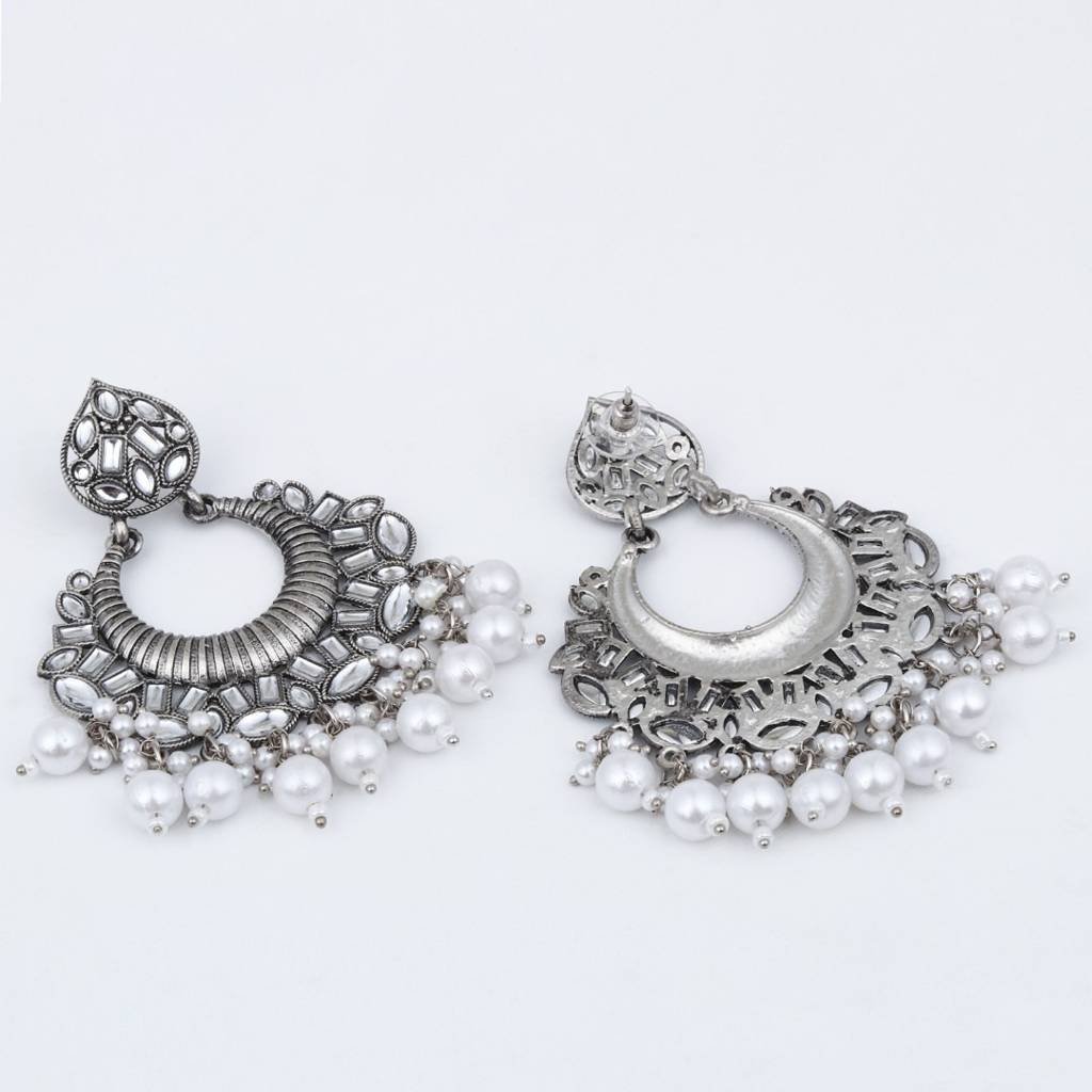 Silver Plated Chandbali With Pearl Drops : S24KCER439SLV