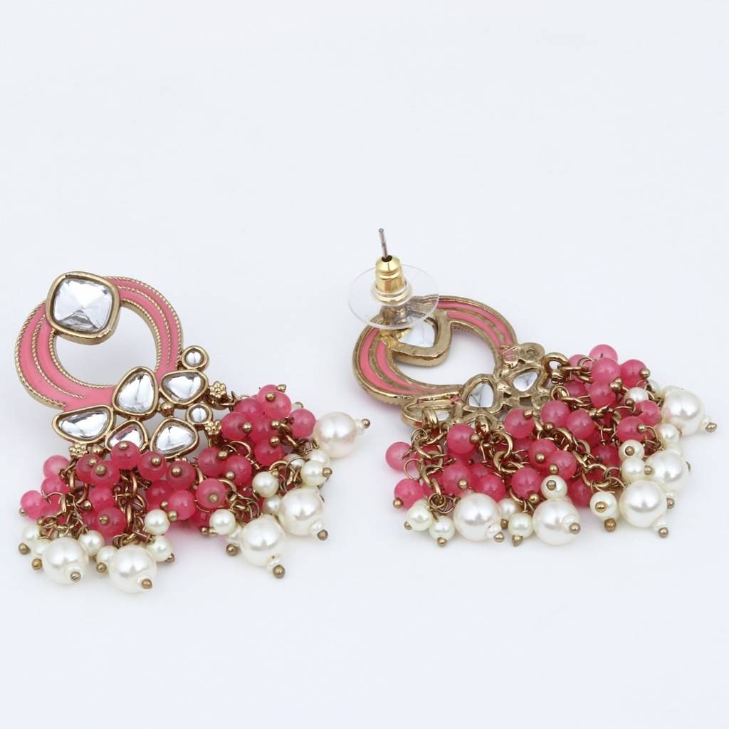 Gold-Plated Meenakari Stud Earrings With Kundan & Pearl Cluster Drops : S24FAER408PNK