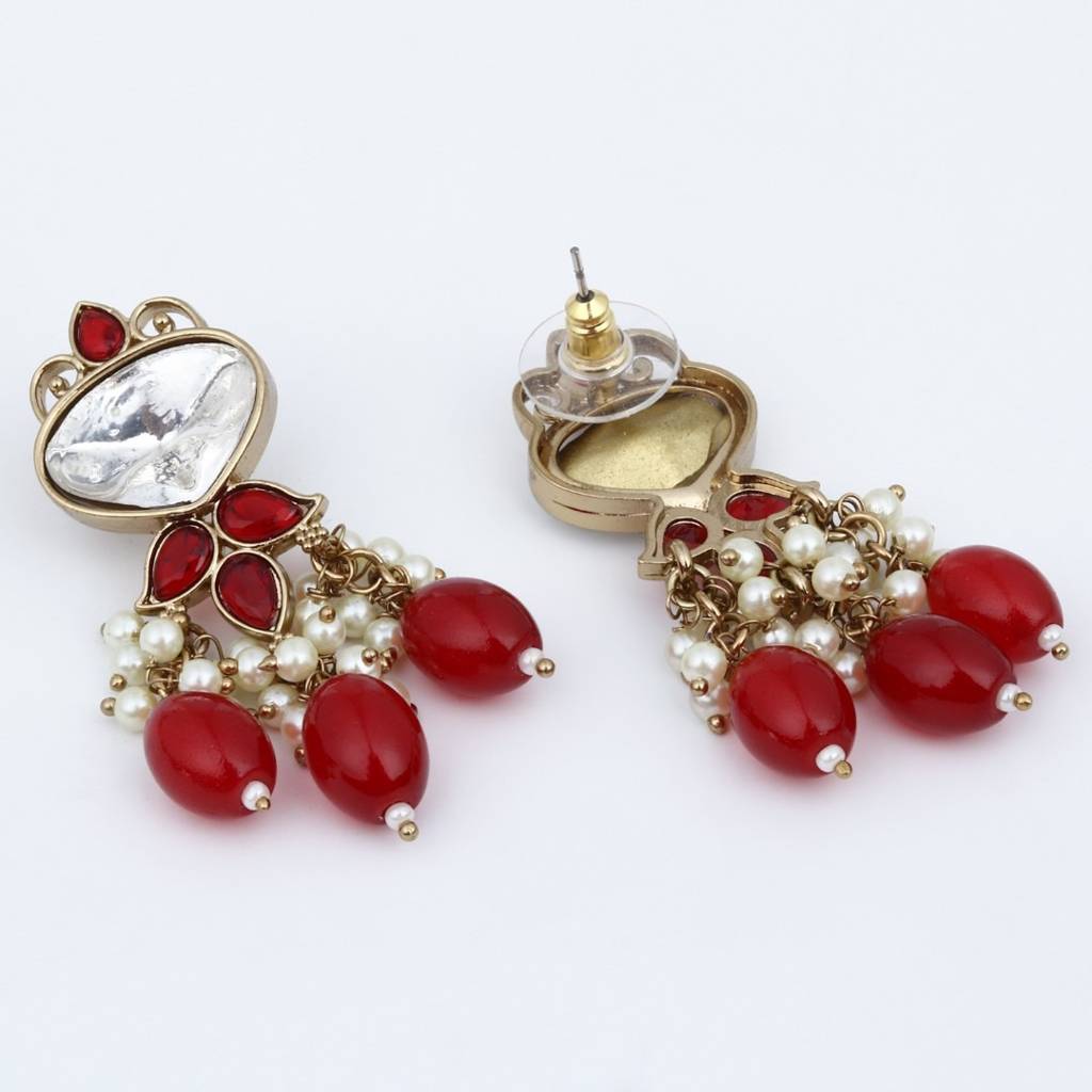 Gold Plated Kundan & Pearl Drop Earrings : S24FAER410RED