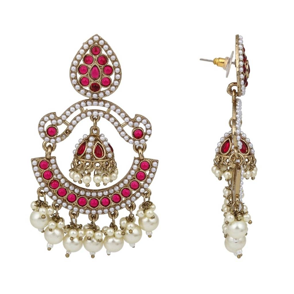 Gold Plated Stone & Beads Chandbali Earring : S24KCER438RED