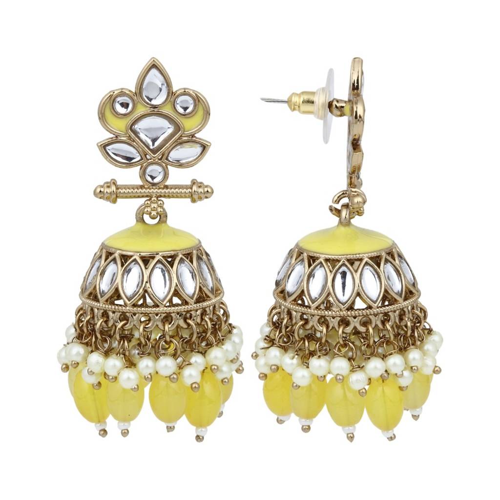 Gold Plated Kundan & Meenakari Jhumka Earrings : S24FAER411YLW